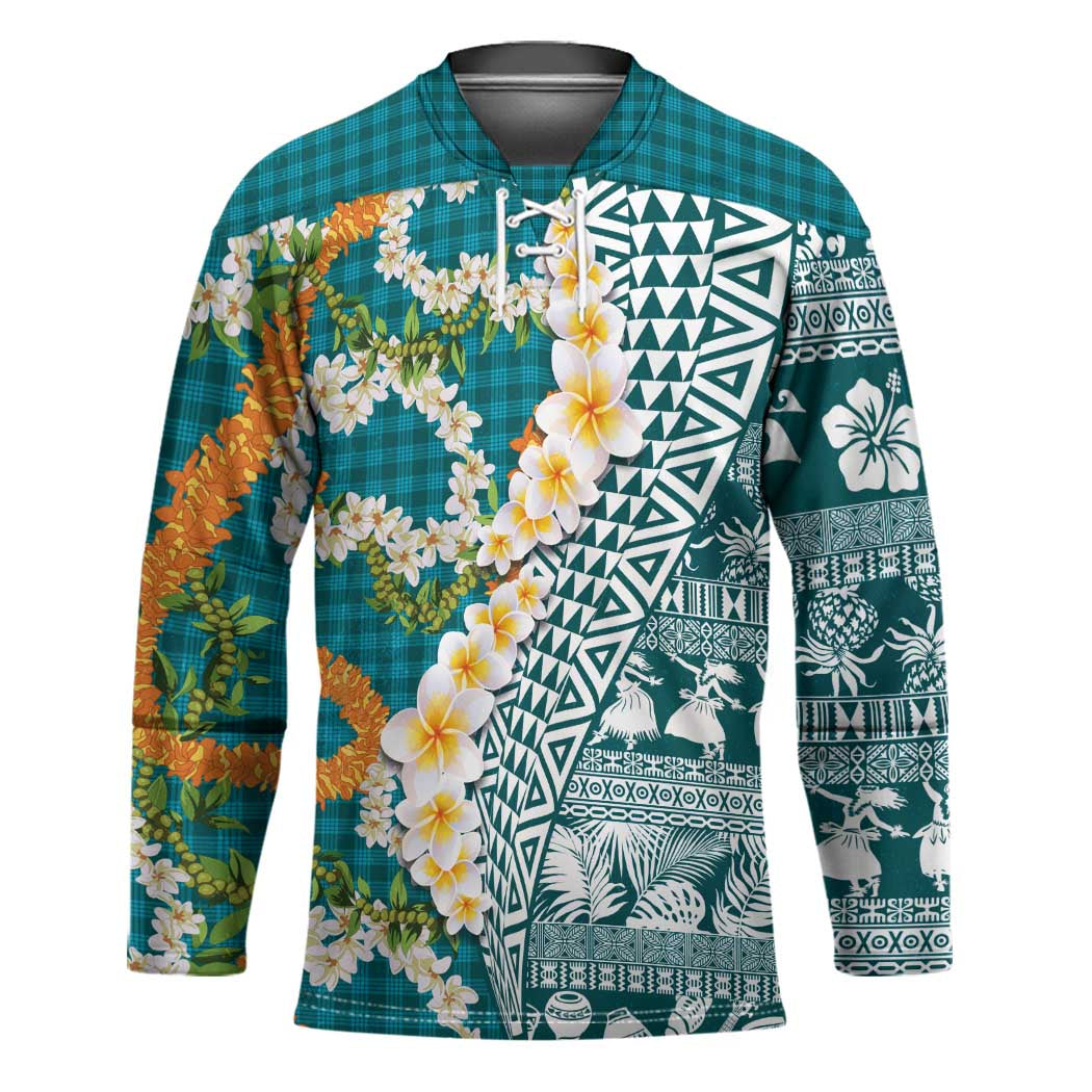 Hawaiian Plumeria Lei Hockey Jersey Kakau Motifs and Palaka Half Style Turquoise Color LT03 Unisex Turquoise - Polynesian Pride