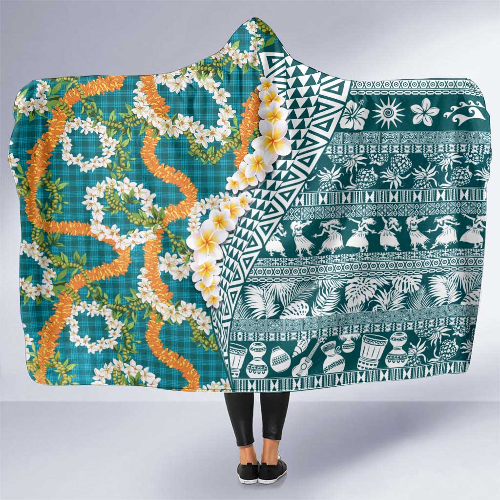Hawaiian Plumeria Lei Hooded Blanket Kakau Motifs and Palaka Half Style Turquoise Color - Polynesian Pride