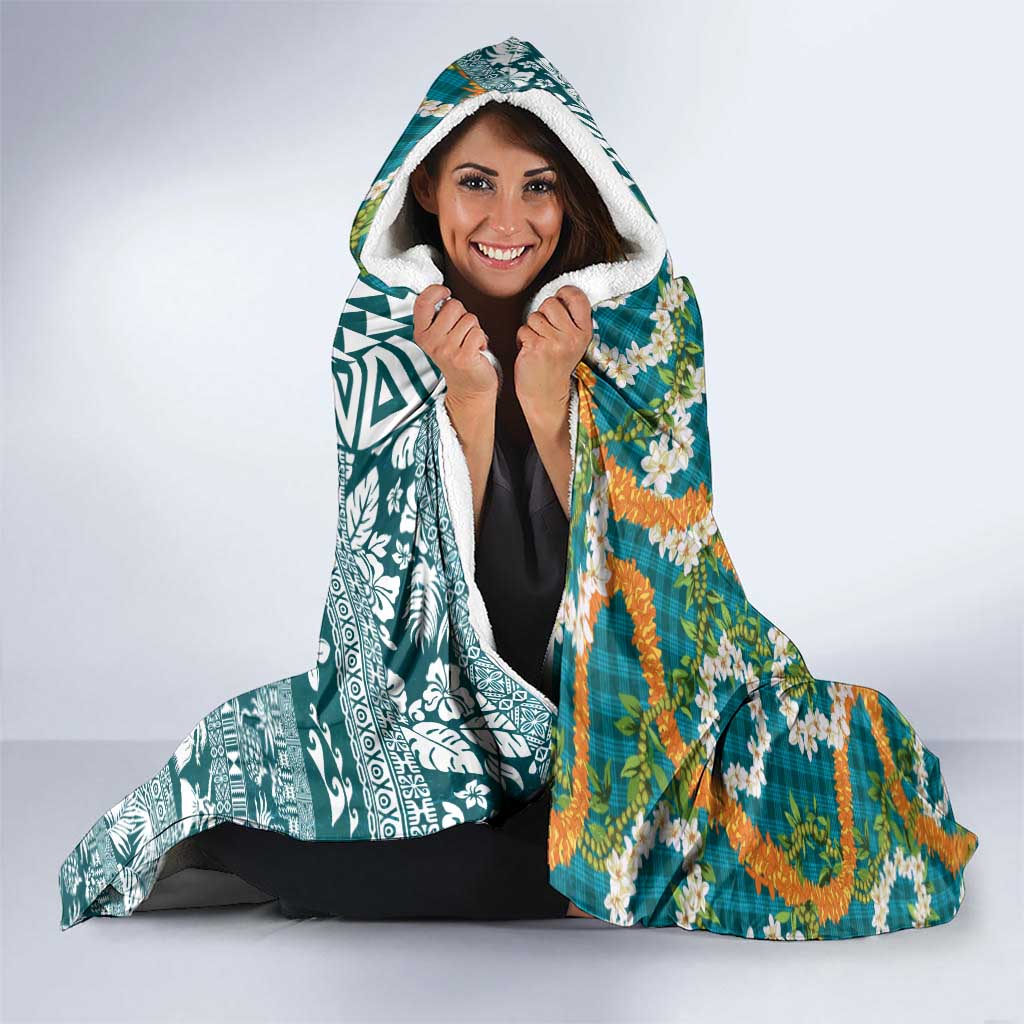 Hawaiian Plumeria Lei Hooded Blanket Kakau Motifs and Palaka Half Style Turquoise Color - Polynesian Pride