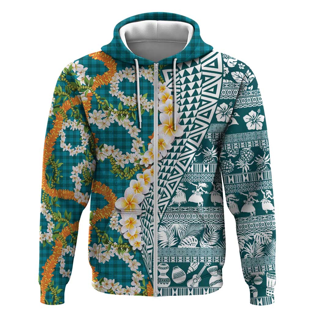 Hawaiian Plumeria Lei Hoodie Kakau Motifs and Palaka Half Style Turquoise Color LT03 Zip Hoodie Turquoise - Polynesian Pride