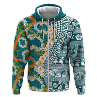 Hawaiian Plumeria Lei Hoodie Kakau Motifs and Palaka Half Style Turquoise Color LT03 Zip Hoodie Turquoise - Polynesian Pride