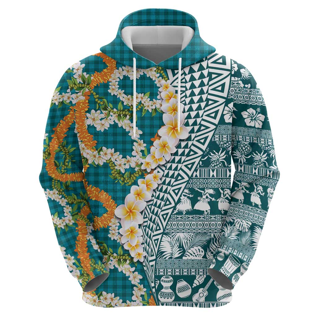 Hawaiian Plumeria Lei Hoodie Kakau Motifs and Palaka Half Style Turquoise Color LT03 - Polynesian Pride