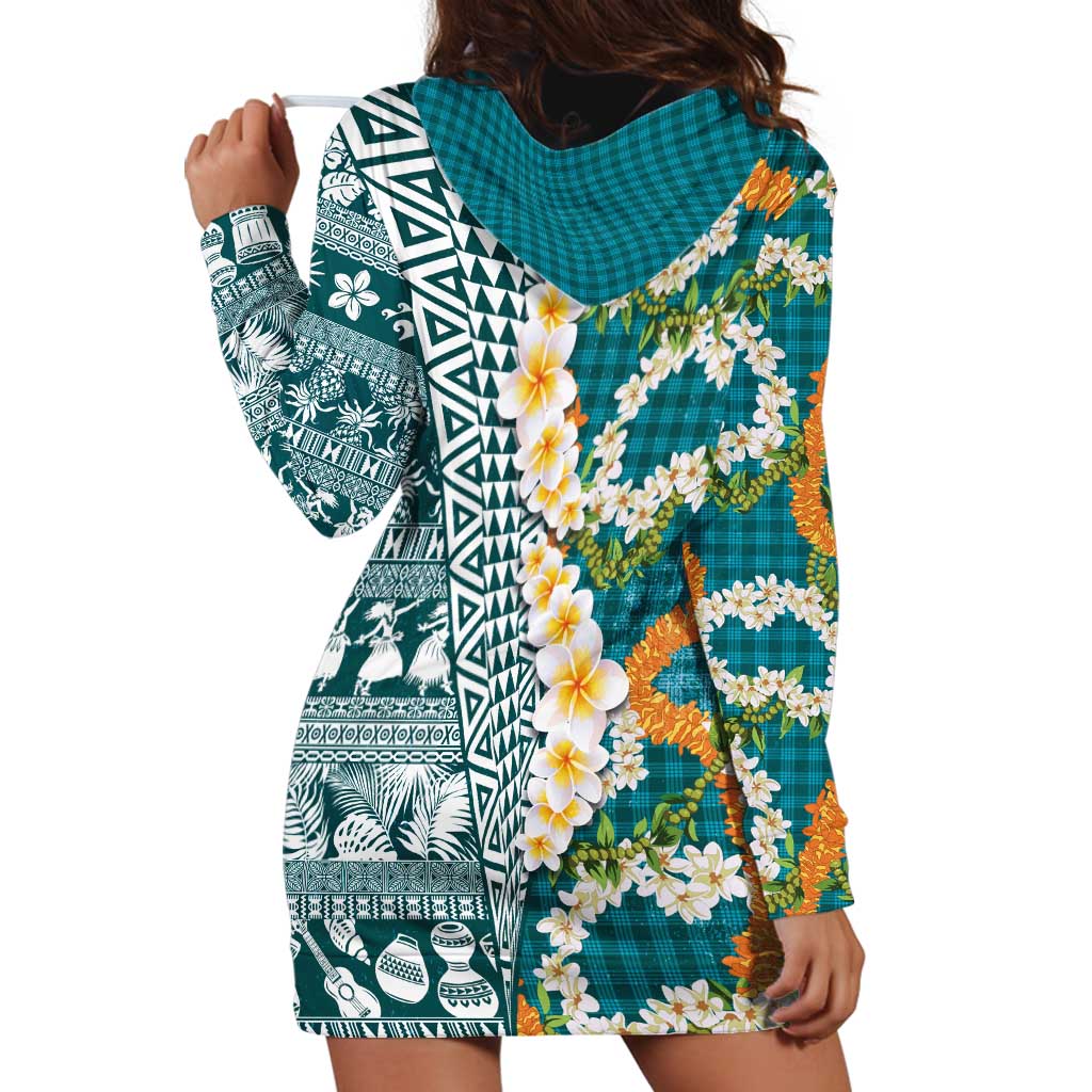 Hawaiian Plumeria Lei Hoodie Dress Kakau Motifs and Palaka Half Style Turquoise Color - Polynesian Pride