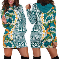 Hawaiian Plumeria Lei Hoodie Dress Kakau Motifs and Palaka Half Style Turquoise Color - Polynesian Pride