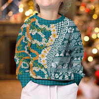 Hawaiian Plumeria Lei Kid Ugly Christmas Sweater Kakau Motifs and Palaka Half Style Turquoise Color - Polynesian Pride
