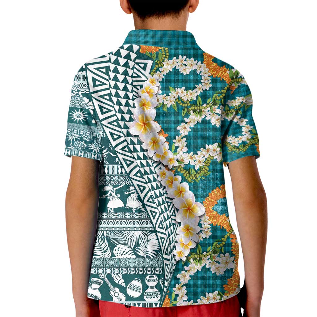 Hawaiian Plumeria Lei Kid Polo Shirt Kakau Motifs and Palaka Half Style Turquoise Color - Polynesian Pride