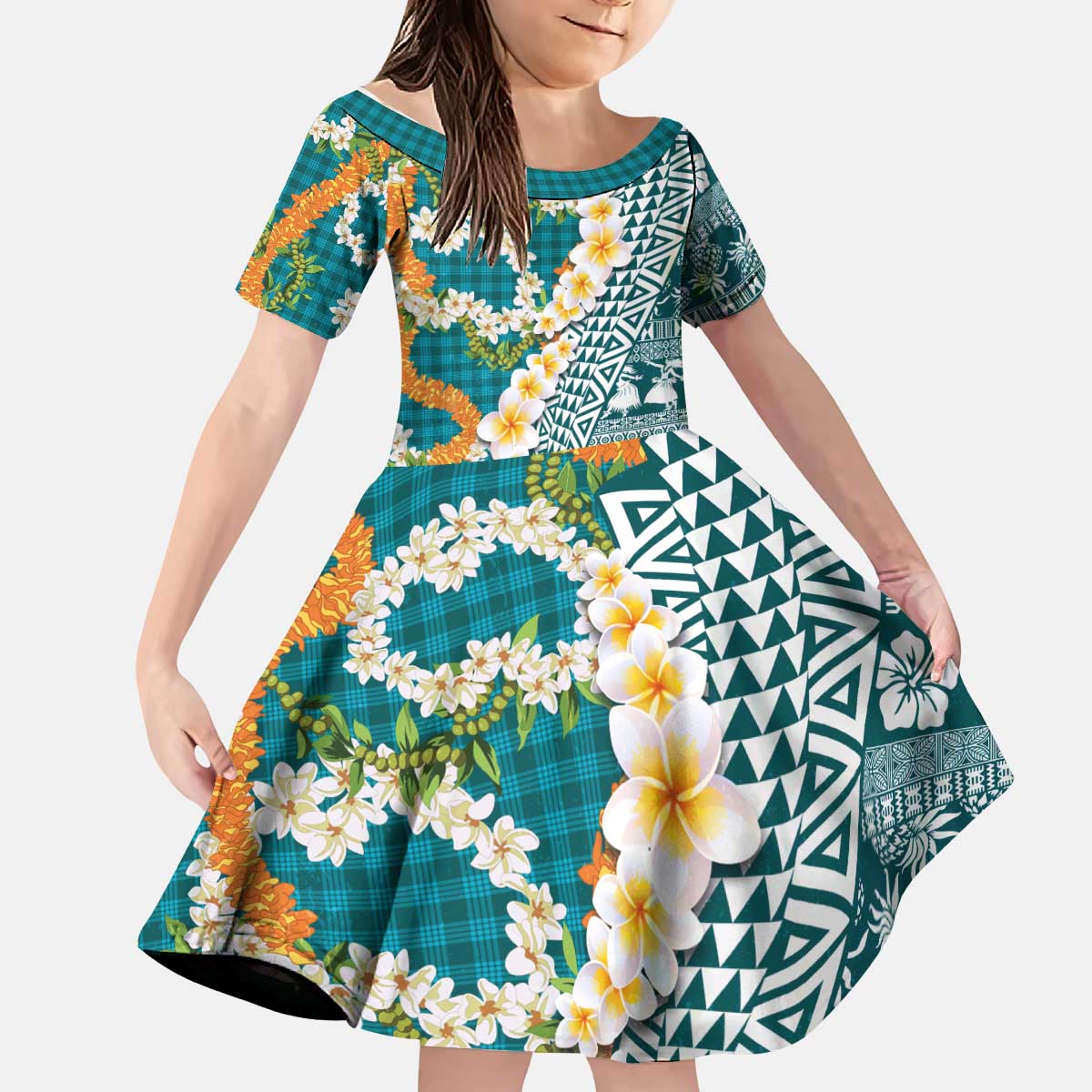 Hawaiian Plumeria Lei Kid Short Sleeve Dress Kakau Motifs and Palaka Half Style Turquoise Color LT03 KID Turquoise - Polynesian Pride