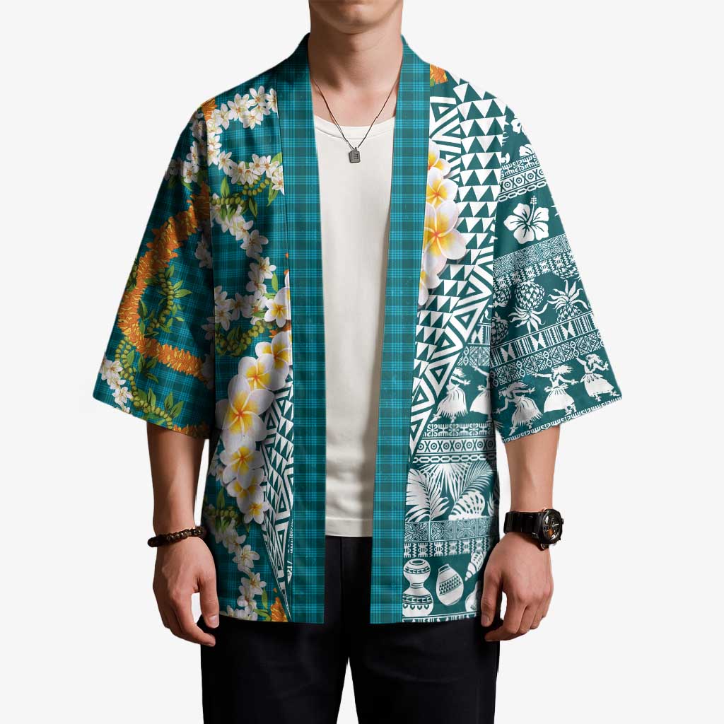 Hawaiian Plumeria Lei Kimono Kakau Motifs and Palaka Half Style Turquoise Color - Polynesian Pride
