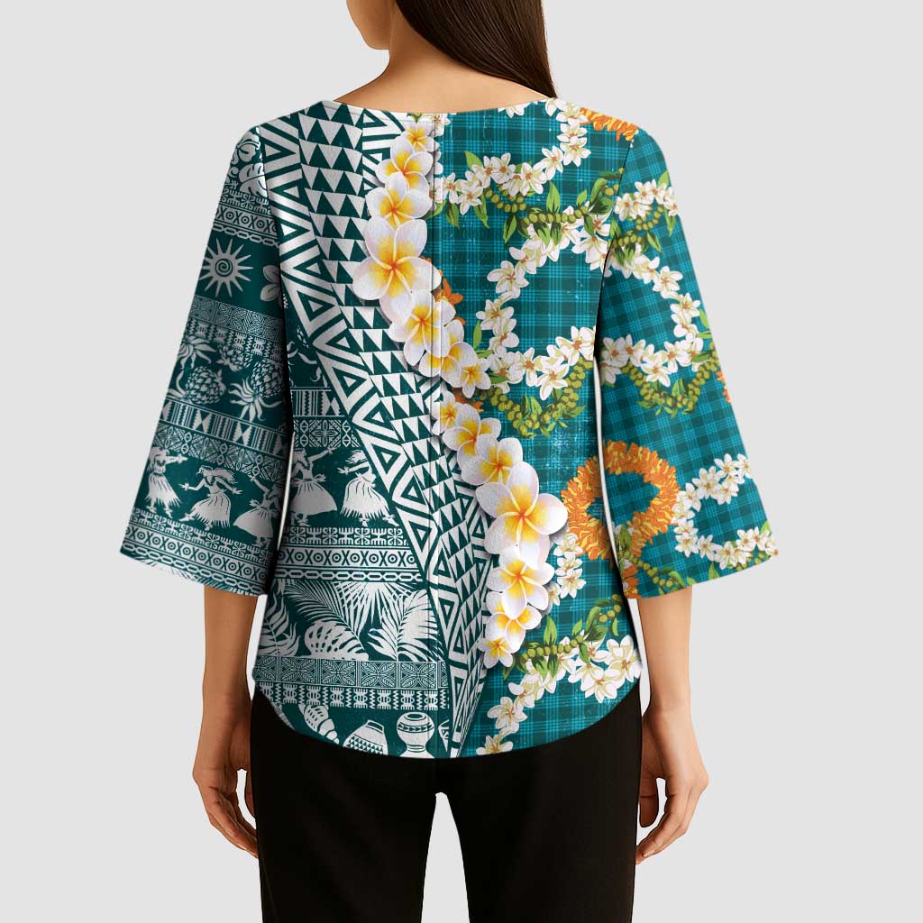 Hawaiian Plumeria Lei Kimono Sleeve Blouse Kakau Motifs and Palaka Half Style Turquoise Color - Polynesian Pride