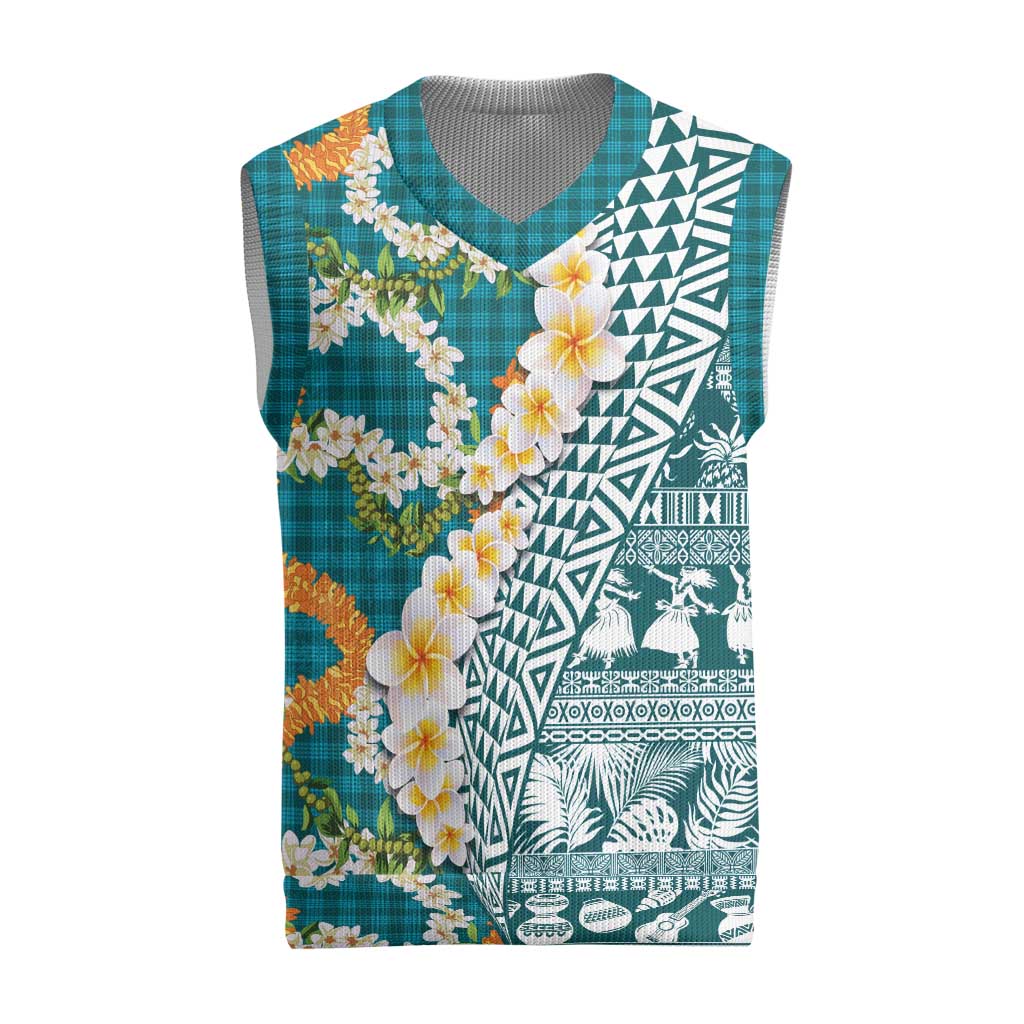 Hawaiian Plumeria Lei Christmas Knitted V-Neck Vest Kakau Motifs and Palaka Half Style Turquoise Color - Polynesian Pride