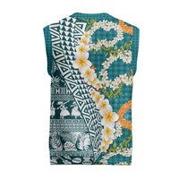 Hawaiian Plumeria Lei Christmas Knitted V-Neck Vest Kakau Motifs and Palaka Half Style Turquoise Color - Polynesian Pride