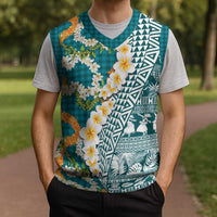 Hawaiian Plumeria Lei Christmas Knitted V-Neck Vest Kakau Motifs and Palaka Half Style Turquoise Color - Polynesian Pride