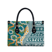 Hawaiian Plumeria Lei Leather Bag Kakau Motifs and Palaka Half Style Turquoise Color - Polynesian Pride