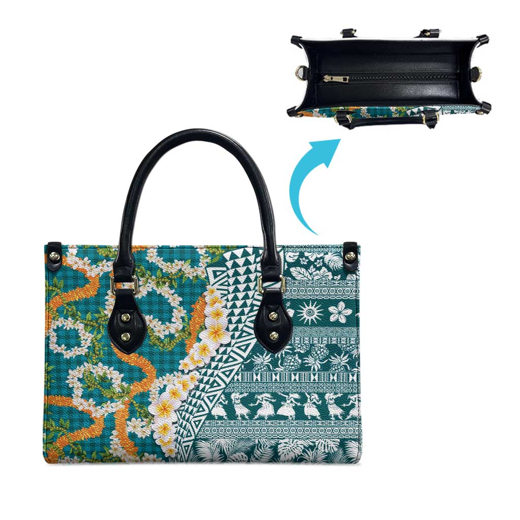 Hawaiian Plumeria Lei Leather Bag Kakau Motifs and Palaka Half Style Turquoise Color - Polynesian Pride