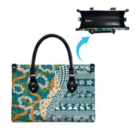 Hawaiian Plumeria Lei Leather Bag Kakau Motifs and Palaka Half Style Turquoise Color - Polynesian Pride
