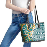 Hawaiian Plumeria Lei Leather Tote Bag Kakau Motifs and Palaka Half Style Turquoise Color - Polynesian Pride