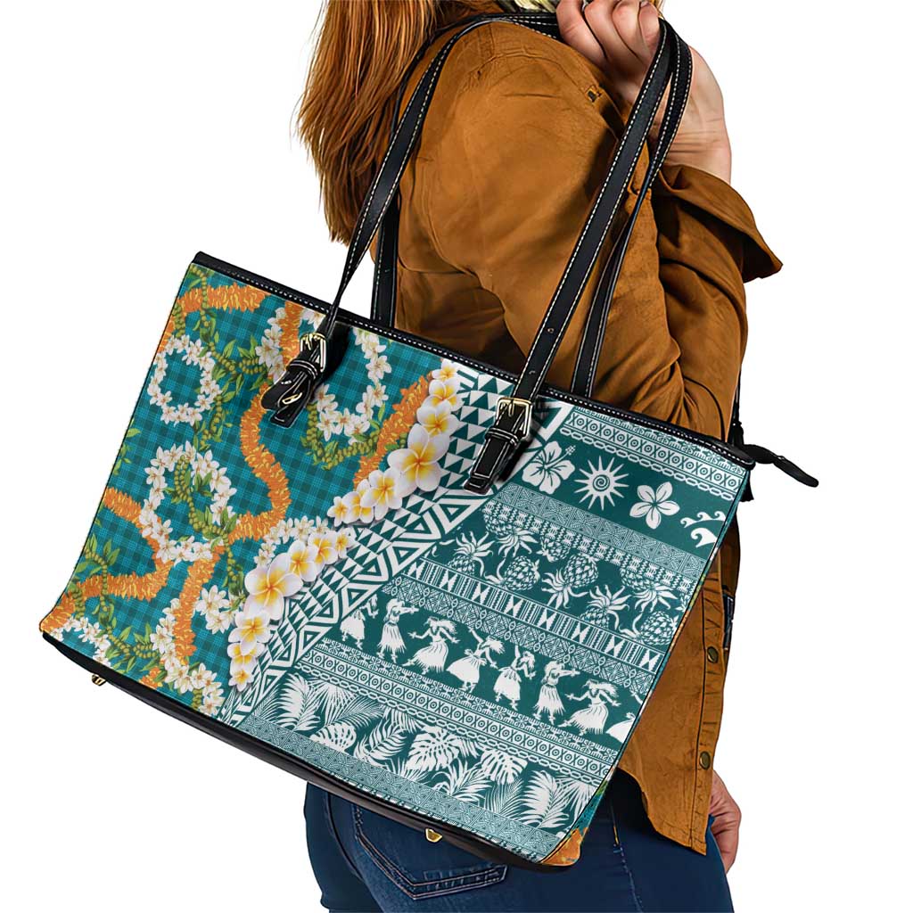 Hawaiian Plumeria Lei Leather Tote Bag Kakau Motifs and Palaka Half Style Turquoise Color - Polynesian Pride