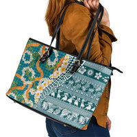 Hawaiian Plumeria Lei Leather Tote Bag Kakau Motifs and Palaka Half Style Turquoise Color - Polynesian Pride