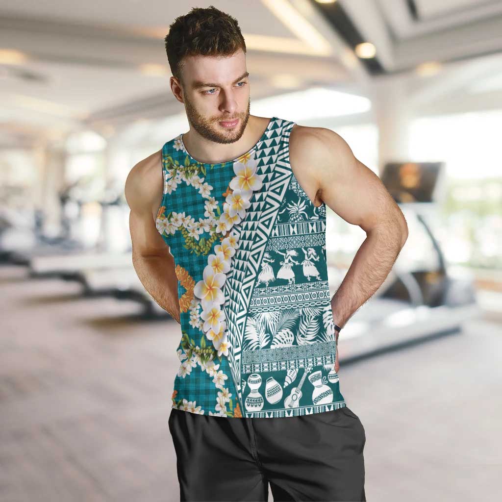 Hawaiian Plumeria Lei Men Tank Top Kakau Motifs and Palaka Half Style Turquoise Color - Polynesian Pride
