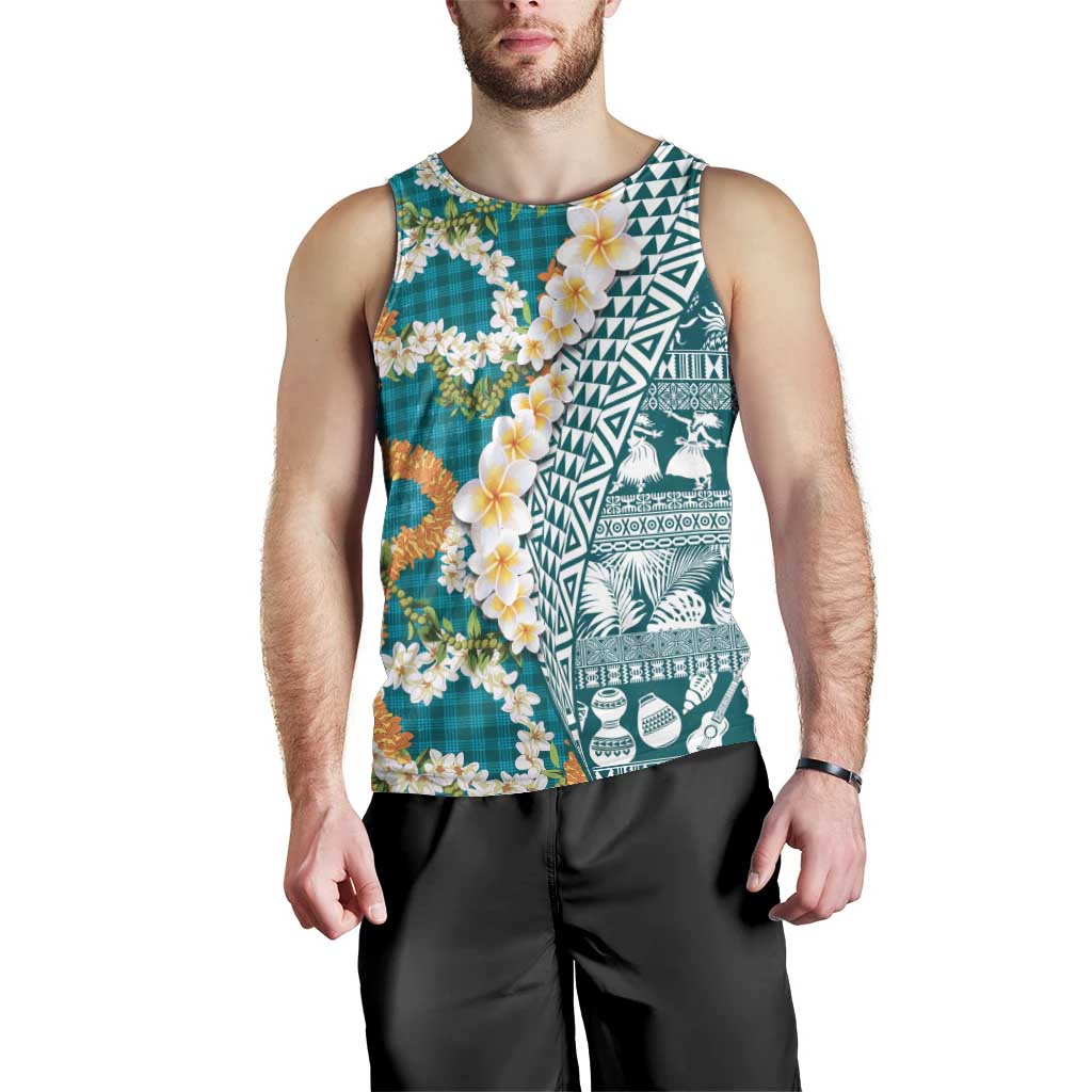 Hawaiian Plumeria Lei Men Tank Top Kakau Motifs and Palaka Half Style Turquoise Color - Polynesian Pride