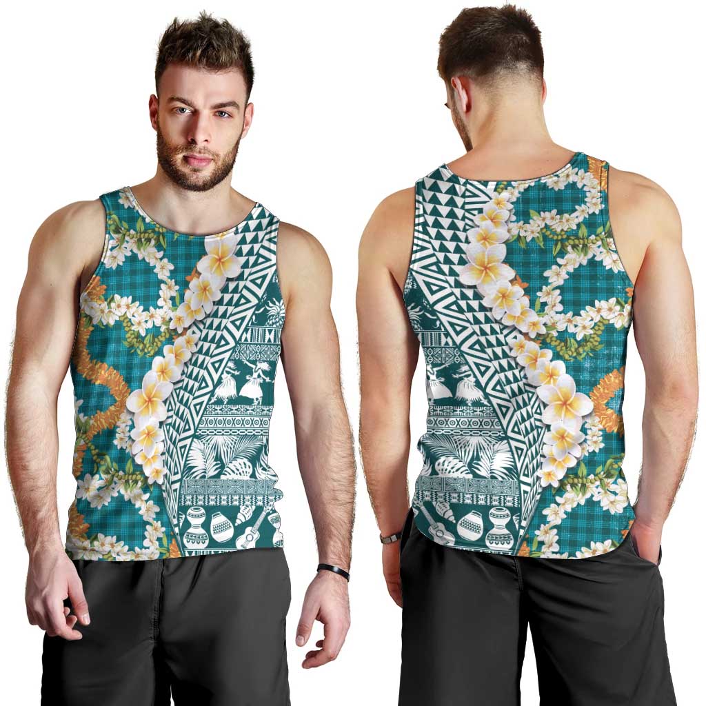 Hawaiian Plumeria Lei Men Tank Top Kakau Motifs and Palaka Half Style Turquoise Color - Polynesian Pride