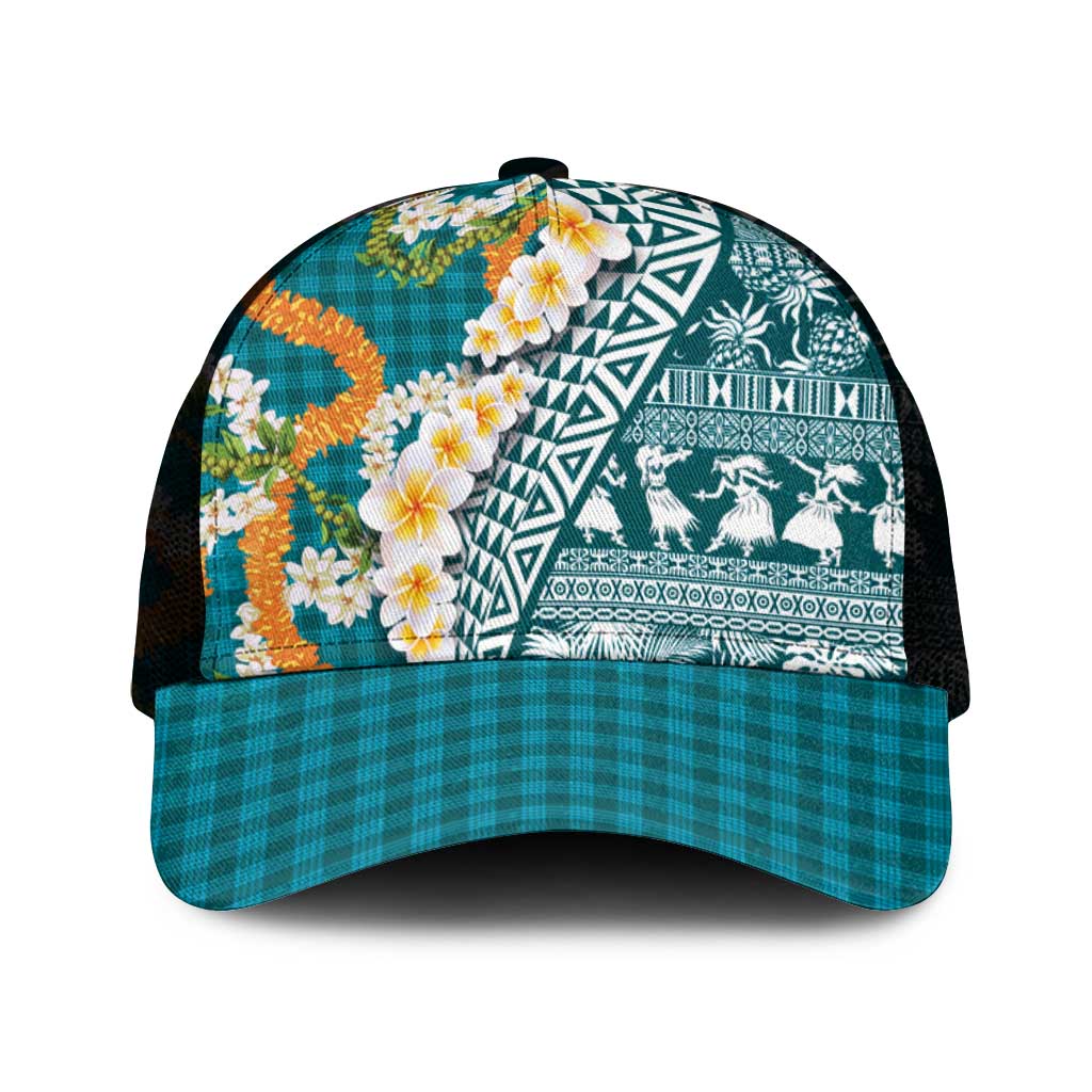 Hawaiian Plumeria Lei Mesh Trucker Cap Kakau Motifs and Palaka Half Style Turquoise Color - Polynesian Pride