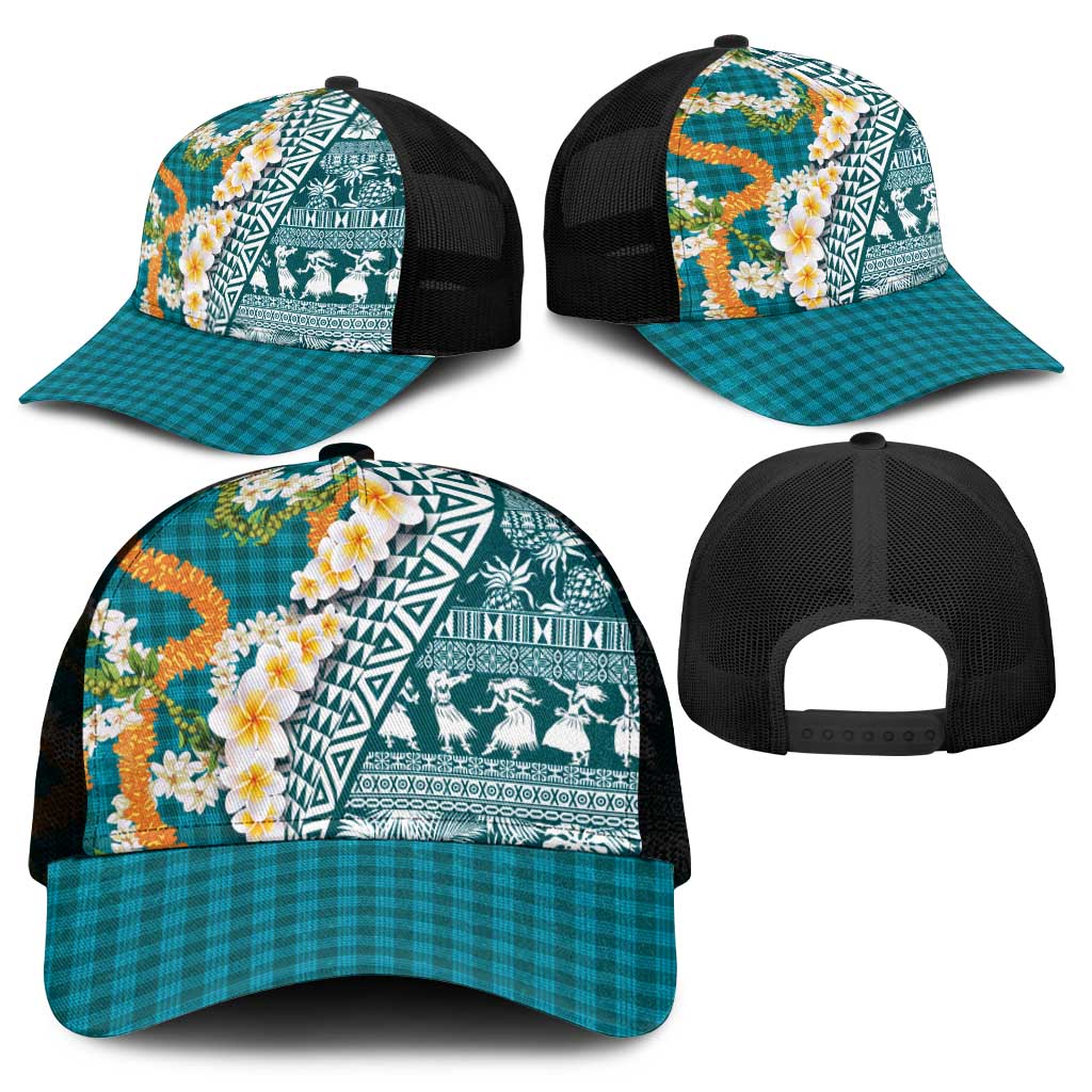 Hawaiian Plumeria Lei Mesh Trucker Cap Kakau Motifs and Palaka Half Style Turquoise Color - Polynesian Pride