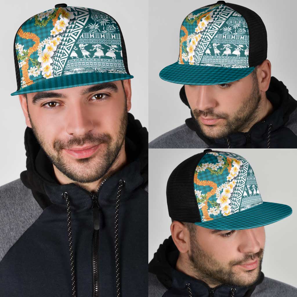 Hawaiian Plumeria Lei Mesh Trucker Cap Kakau Motifs and Palaka Half Style Turquoise Color - Polynesian Pride