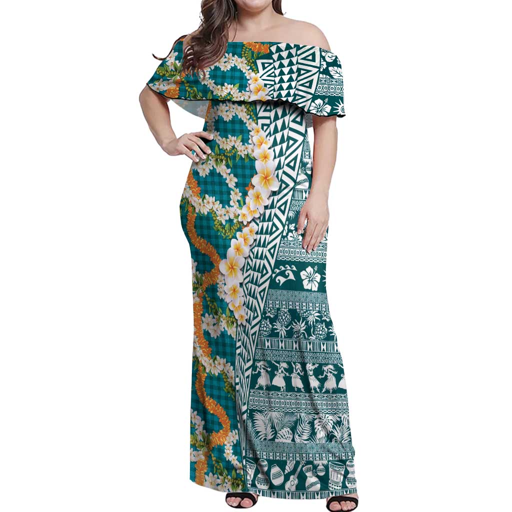 Hawaiian Plumeria Lei Off Shoulder Maxi Dress Kakau Motifs and Palaka Half Style Turquoise Color - Polynesian Pride