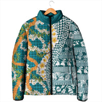 Hawaiian Plumeria Lei Padded Jacket Kakau Motifs and Palaka Half Style Turquoise Color - Polynesian Pride