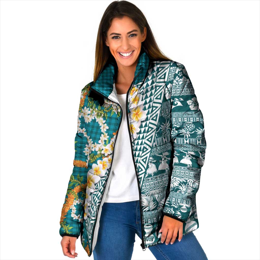 Hawaiian Plumeria Lei Padded Jacket Kakau Motifs and Palaka Half Style Turquoise Color - Polynesian Pride