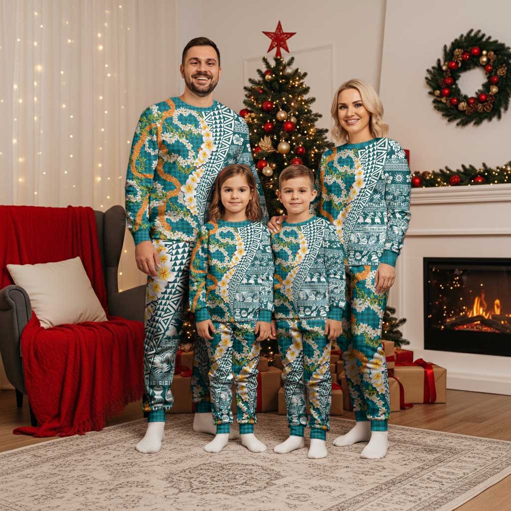 Hawaiian Plumeria Lei Christmas Pajama Set Kakau Motifs and Palaka Half Style Turquoise Color - Polynesian Pride
