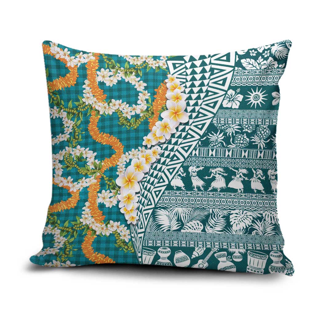 Hawaiian Plumeria Lei Pillow Cover Kakau Motifs and Palaka Half Style Turquoise Color LT03 Turquoise - Polynesian Pride