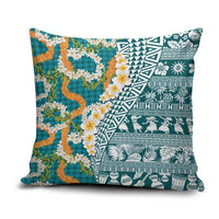 Hawaiian Plumeria Lei Pillow Cover Kakau Motifs and Palaka Half Style Turquoise Color - Polynesian Pride