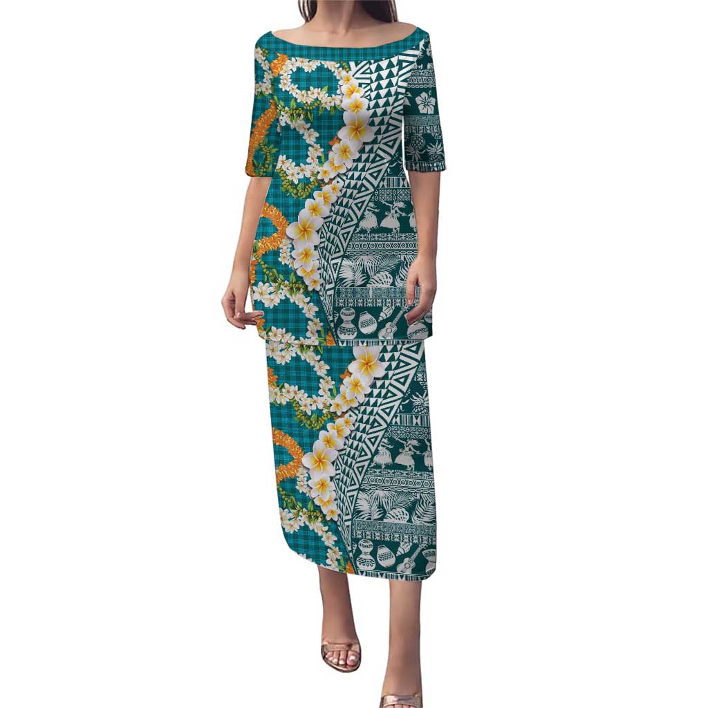 Hawaiian Plumeria Lei Puletasi Kakau Motifs and Palaka Half Style Turquoise Color - Polynesian Pride