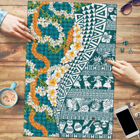 Hawaiian Plumeria Lei Puzzle Kakau Motifs and Palaka Half Style Turquoise Color - Polynesian Pride