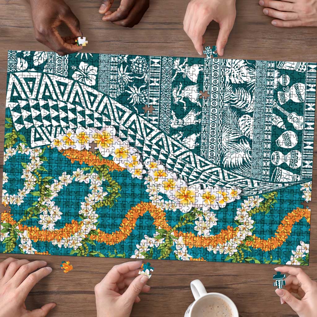 Hawaiian Plumeria Lei Puzzle Kakau Motifs and Palaka Half Style Turquoise Color - Polynesian Pride