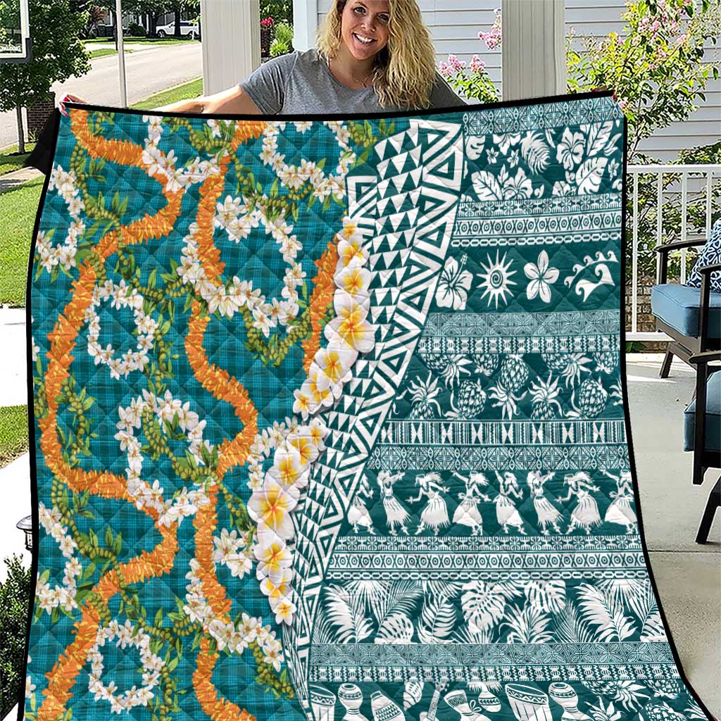 Hawaiian Plumeria Lei Quilt Kakau Motifs and Palaka Half Style Turquoise Color LT03 Turquoise - Polynesian Pride