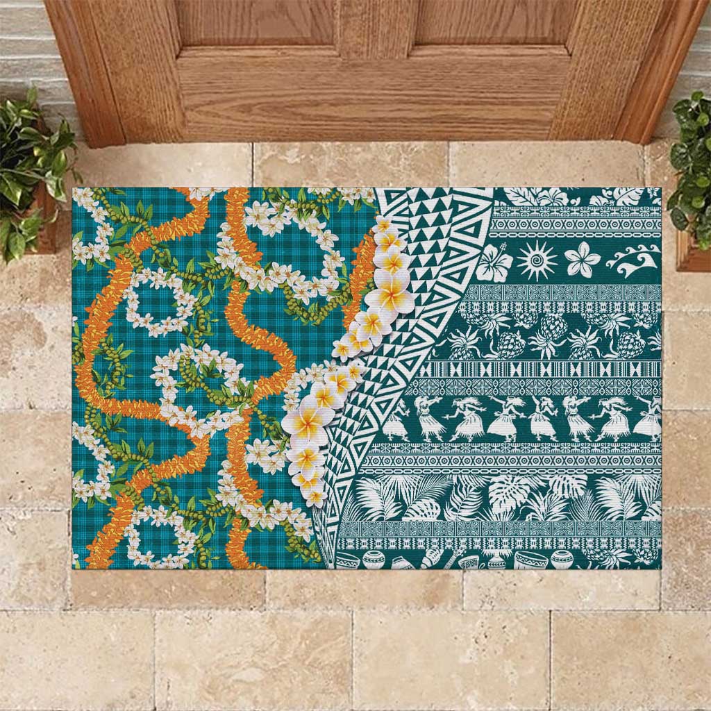Hawaiian Plumeria Lei Rubber Doormat Kakau Motifs and Palaka Half Style Turquoise Color - Polynesian Pride
