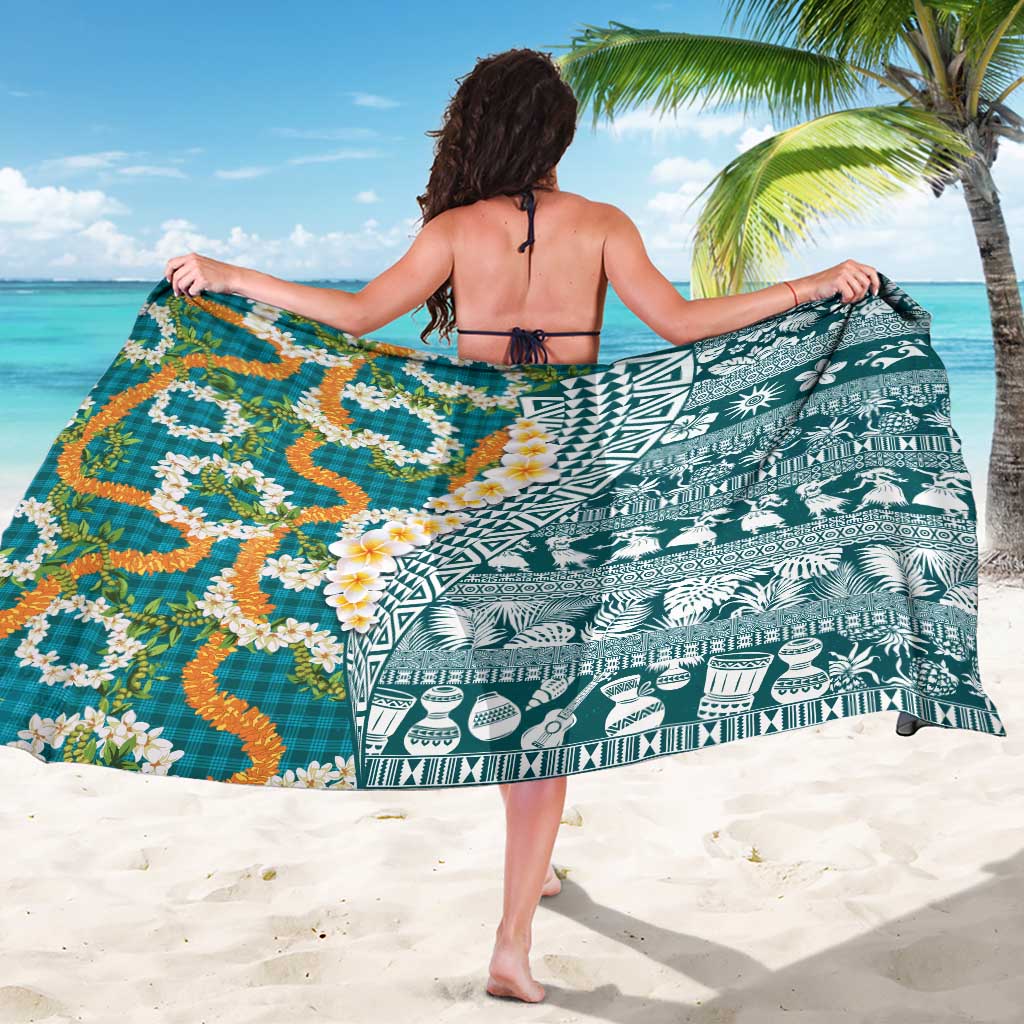 Hawaiian Plumeria Lei Sarong Kakau Motifs and Palaka Half Style Turquoise Color - Polynesian Pride