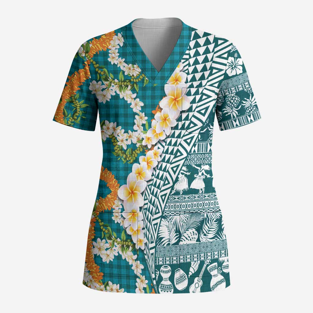 Hawaiian Plumeria Lei Scrub Top Kakau Motifs and Palaka Half Style Turquoise Color LT03 Adult Turquoise - Polynesian Pride