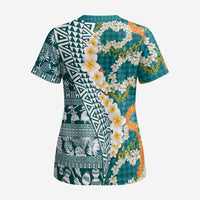Hawaiian Plumeria Lei Scrub Top Kakau Motifs and Palaka Half Style Turquoise Color - Polynesian Pride