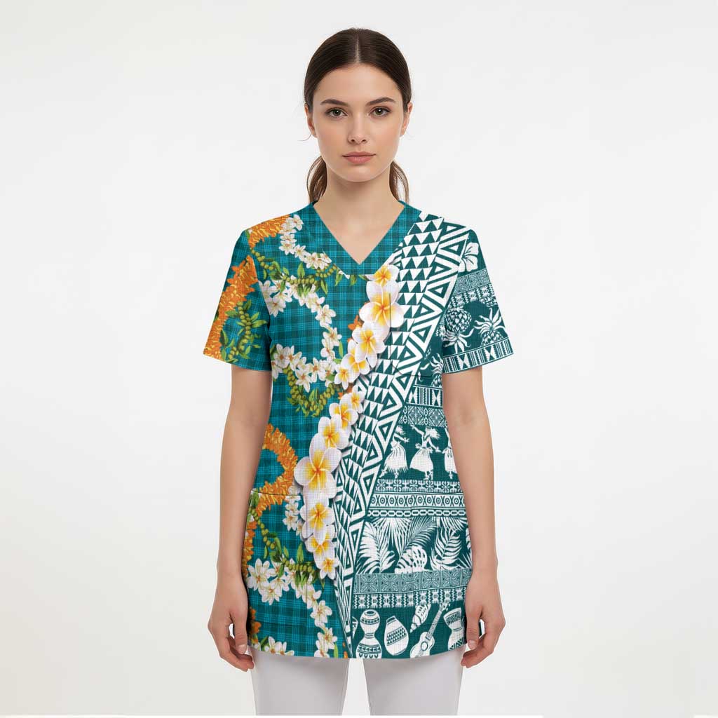Hawaiian Plumeria Lei Scrub Top Kakau Motifs and Palaka Half Style Turquoise Color - Polynesian Pride