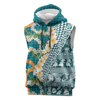 Hawaiian Plumeria Lei Sleeveless Hoodie Kakau Motifs and Palaka Half Style Turquoise Color - Polynesian Pride