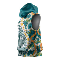 Hawaiian Plumeria Lei Sleeveless Hoodie Kakau Motifs and Palaka Half Style Turquoise Color - Polynesian Pride
