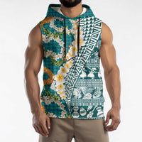 Hawaiian Plumeria Lei Sleeveless Hoodie Kakau Motifs and Palaka Half Style Turquoise Color - Polynesian Pride