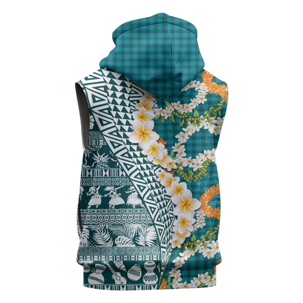 Hawaiian Plumeria Lei Sleeveless Zip Hoodie Kakau Motifs and Palaka Half Style Turquoise Color - Polynesian Pride
