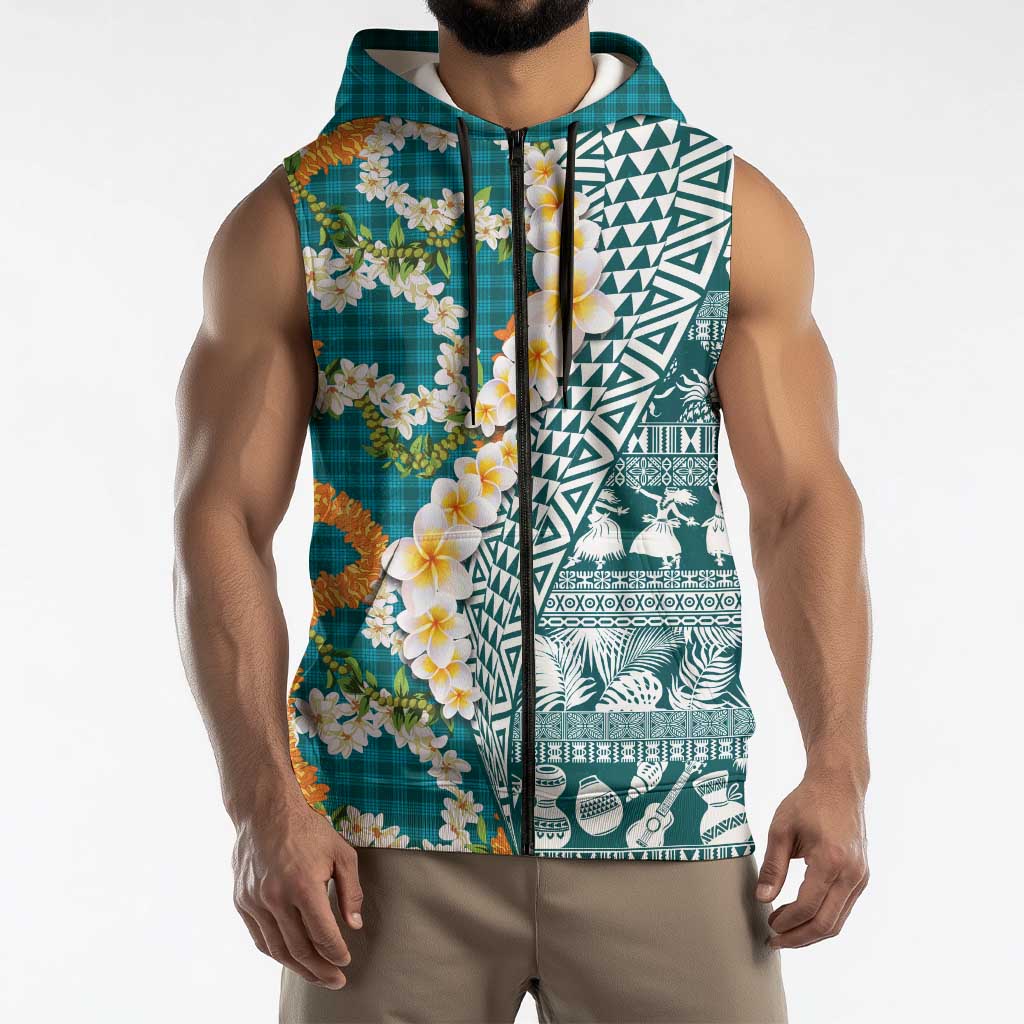 Hawaiian Plumeria Lei Sleeveless Zip Hoodie Kakau Motifs and Palaka Half Style Turquoise Color - Polynesian Pride