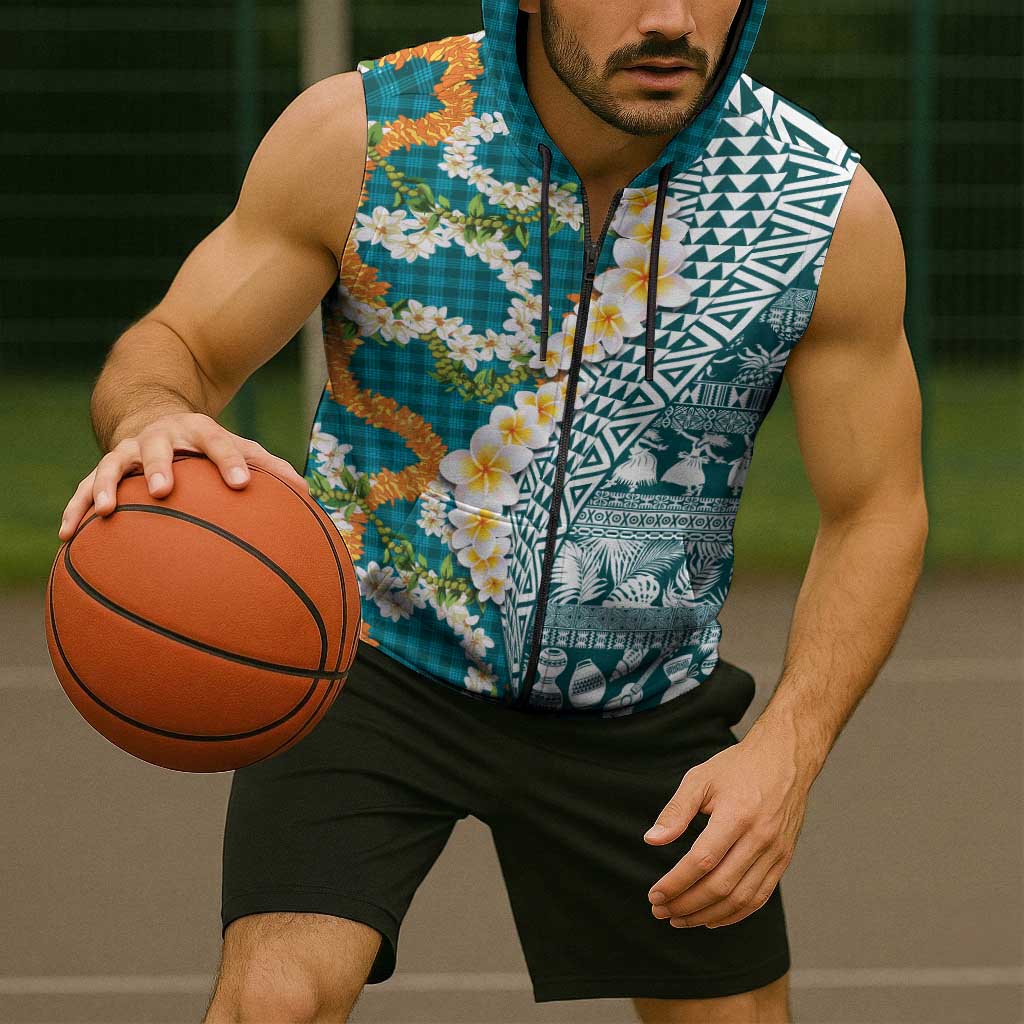 Hawaiian Plumeria Lei Sleeveless Zip Hoodie Kakau Motifs and Palaka Half Style Turquoise Color - Polynesian Pride