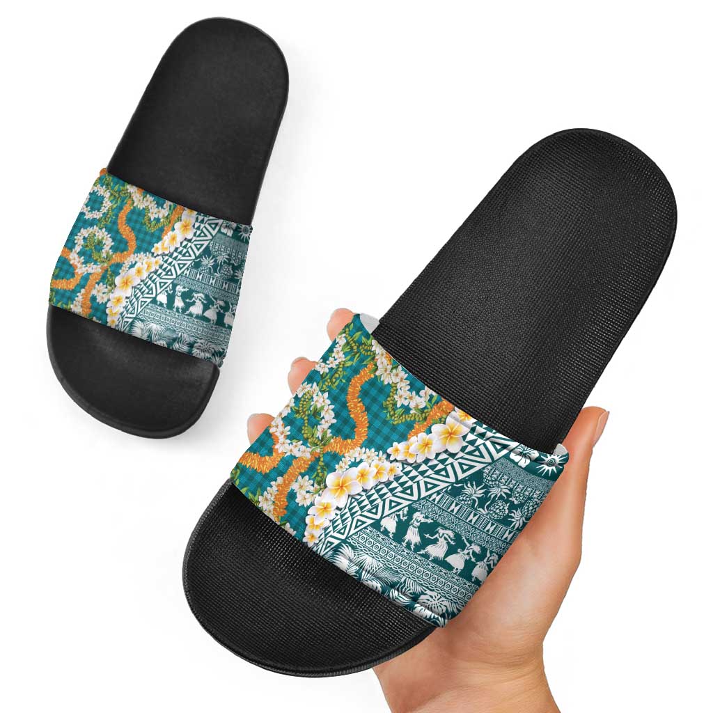 Hawaiian Plumeria Lei Slide Sandals Kakau Motifs and Palaka Half Style Turquoise Color LT03 - Polynesian Pride